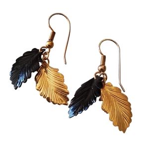 80's Leaf Earrings Black And Gold Pierced Dangles